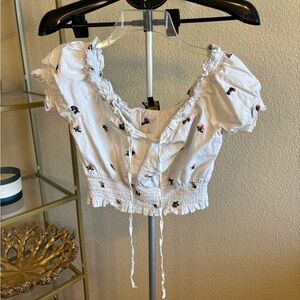 World Together White‎ Floral Milkmaid Smocked Crop Top Puff Sleeves Size L